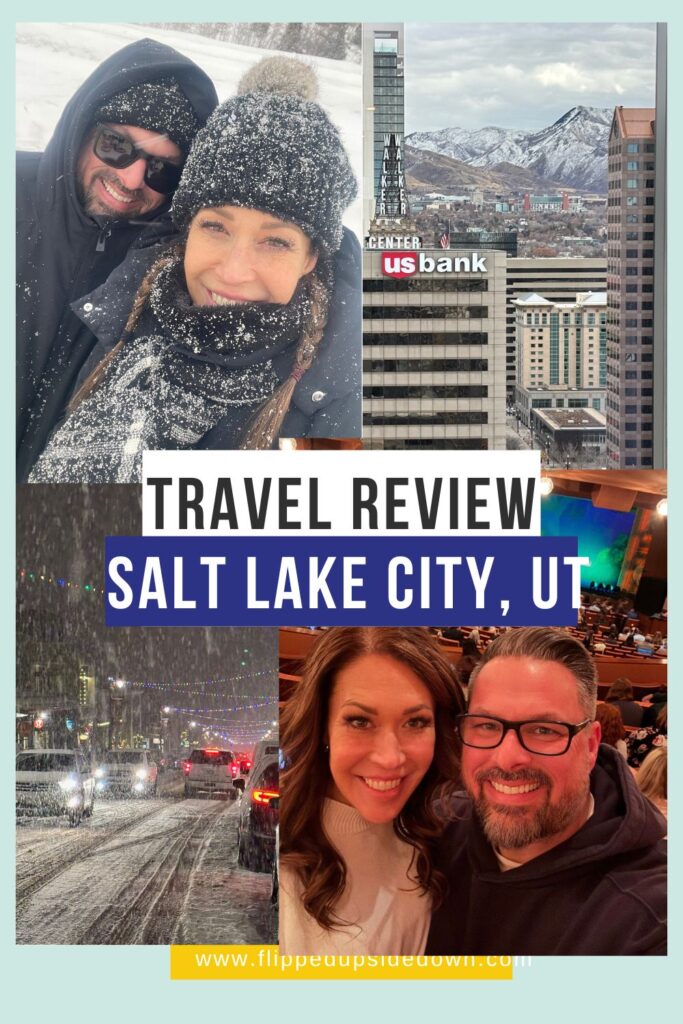 Collage of downtown Salt Lake City with 2 pictures of a couple too
