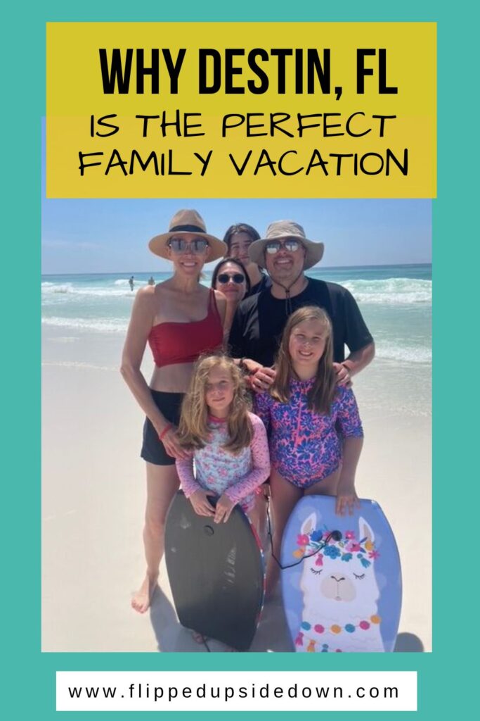 family on the beach hero image with text that says destin florida is the perfect beach vacation
