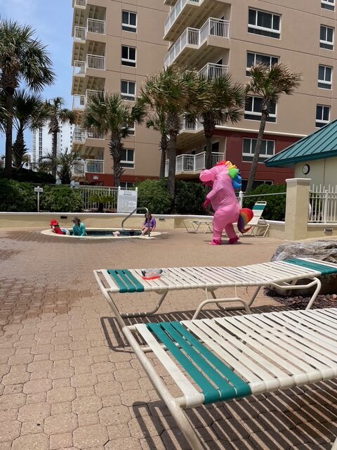 view of hot tub by the pool with a pink unicorn walking around