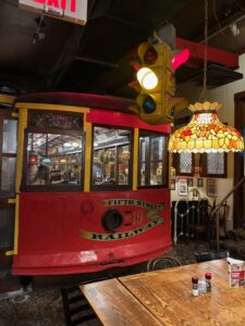 Trolly car inside of the spaghetti warehouse restaurant.